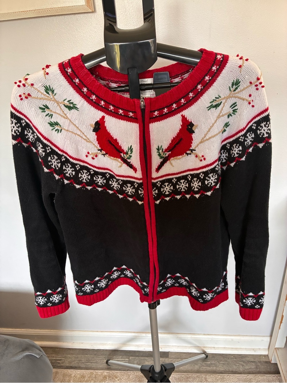 Christopher & Banks Black Sweater Cardigan with Red Cardinal Motif